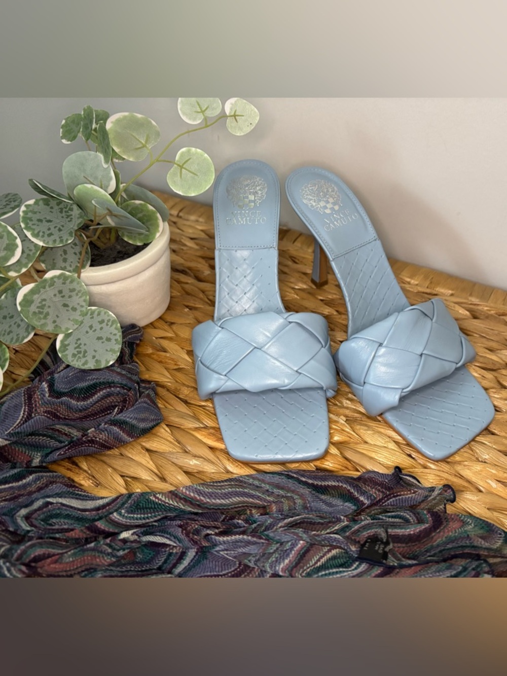 Vince Camuto Light Blue Woven Slide Heels - Picture 1 of 15